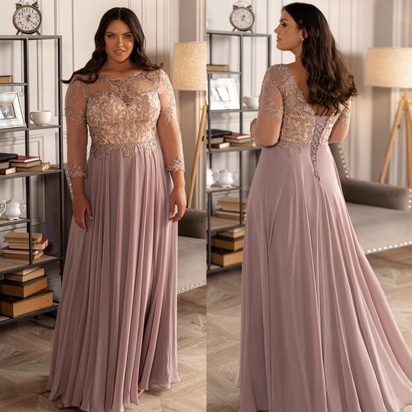 Incantevole pizzo con perline Plus Size Prom Dresses Sheer Bateau Neck A Line Maniche lunghe Abiti da sera Abito formale in chiffon lungo fino al pavimento