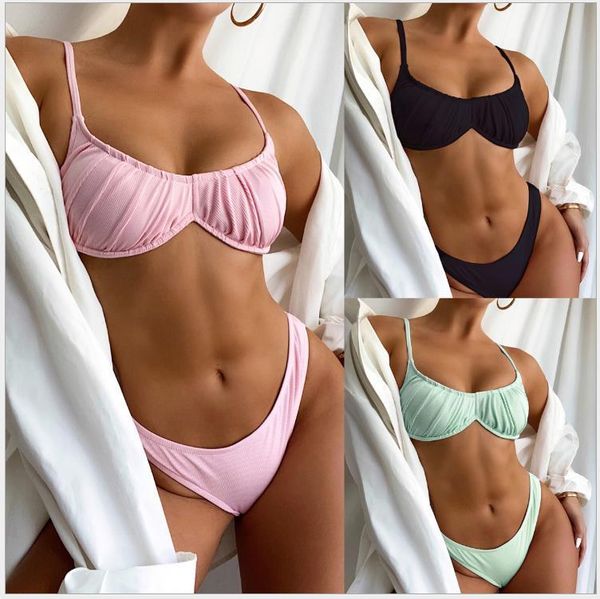 

women's swimwear split solid color underwire swimsuit women, White;black