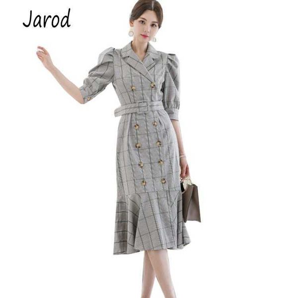 

korean women fashion elegant double breasted gray plaid ol style midi dress ruffles fishtail with belt 210526, Black;gray