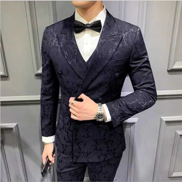 

men's suits & blazers black lapel jacquard garb manly suits three groom parts male blazer -pants vest baf1, White;black
