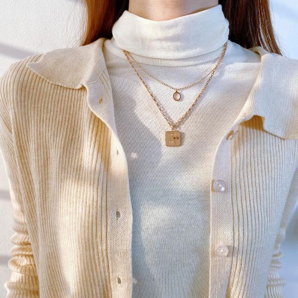 

pendant necklaces european and american double layered english letter neck chain simple fashionable small square titanium steel necklace, Silver