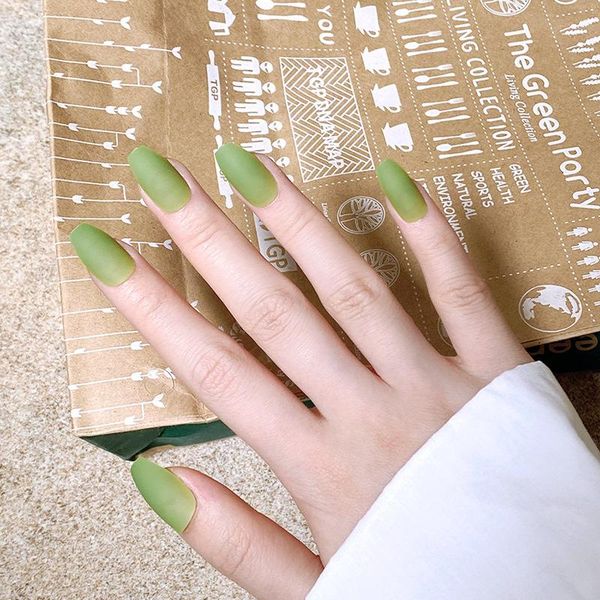 

false nails fake long flat-head frosted green wearable nail stickers finished 24 with glue to, Red;gold