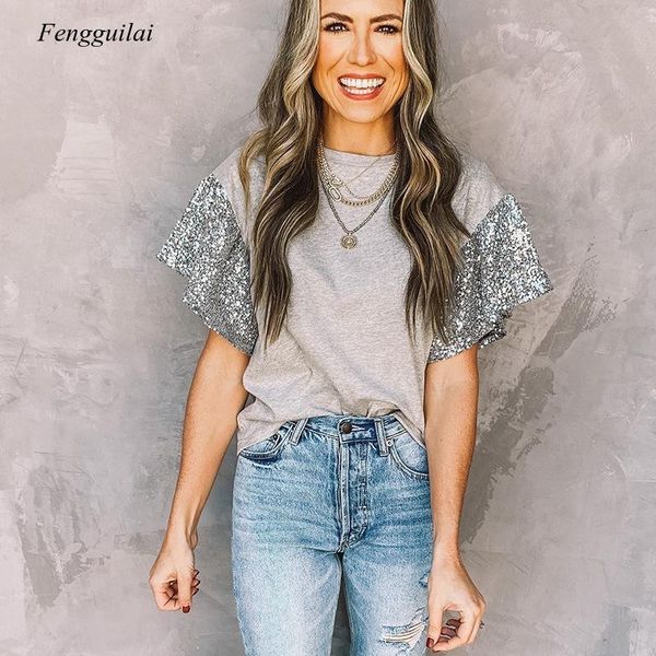 

summer color contrast sequin short sleeve fashion design street causal wear t-shirt for women women's, White