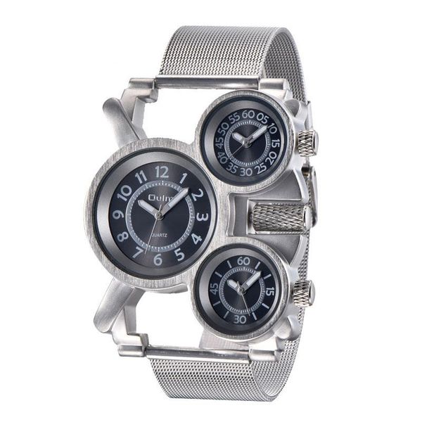 

wristwatches oulm luxury mens watches brand men's military outdoor wrist watch 3 time zone sport brown male full steel clock, Slivery;brown