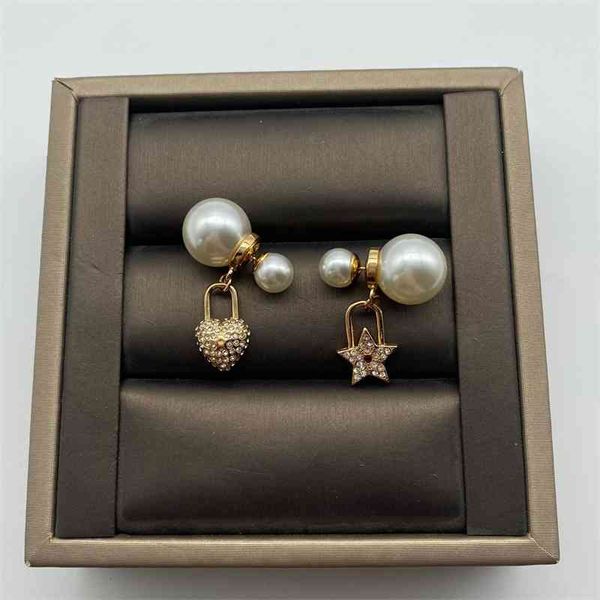 

70% off outlet online new love lock, five star asymmetric pearl earrings, female silver needle, Golden
