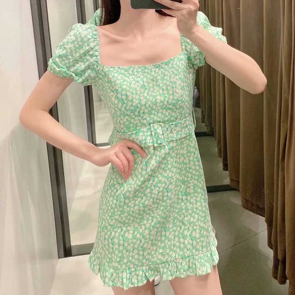 

za dress fashion small floral with belt women summer office casual chic street youth s 210601, Black;gray