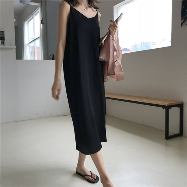 

women maxi dress loose sleeveless dresses v-neck sling long black party dress, Black;gray