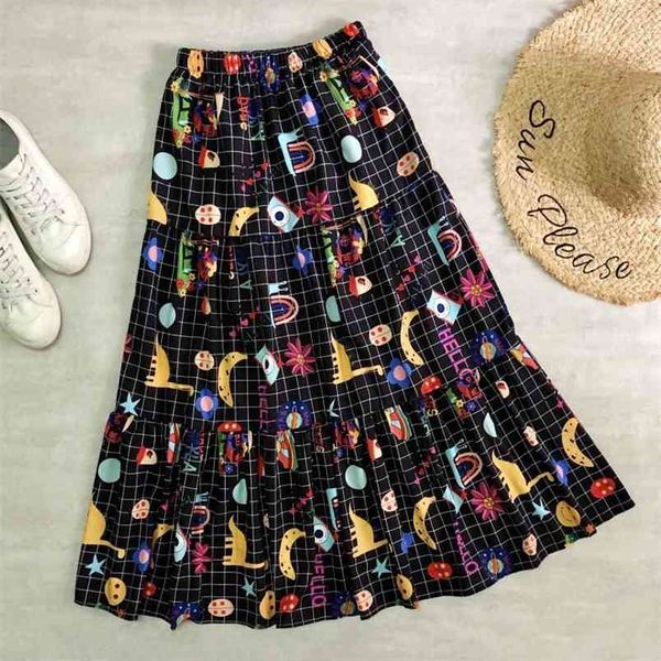 

summer elastic high waist thin personality graffiti cake skirt all-match casual women a-line long 210527, Black