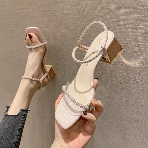 

sandals summer high heel rhinestone mid thick fairy style one line with transparent fashion, Black