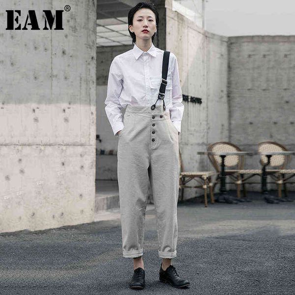 

[eam] high waist geay button split joint leisure trousers overalls loose fit pants women fashion spring autumn 1r5860 211124, Black;white