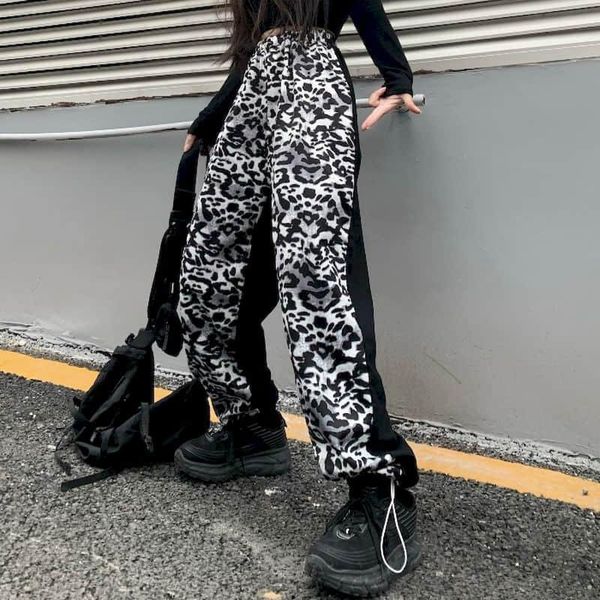 

women's pants & capris autumn spring harajuku patchworked women leopard trousers loose straight wide-leg streetwear, Black;white