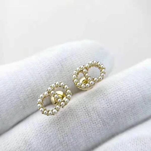 

luxury jewelry new pearl letter back hanging earrings 925 silver pin high version earrings made copper, Golden