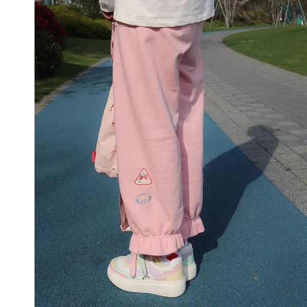

women's pants & capris fruit embroidery casual high waist straight trousers beam feet harem pant girls sweatpants japan style sweet wom, Black;white