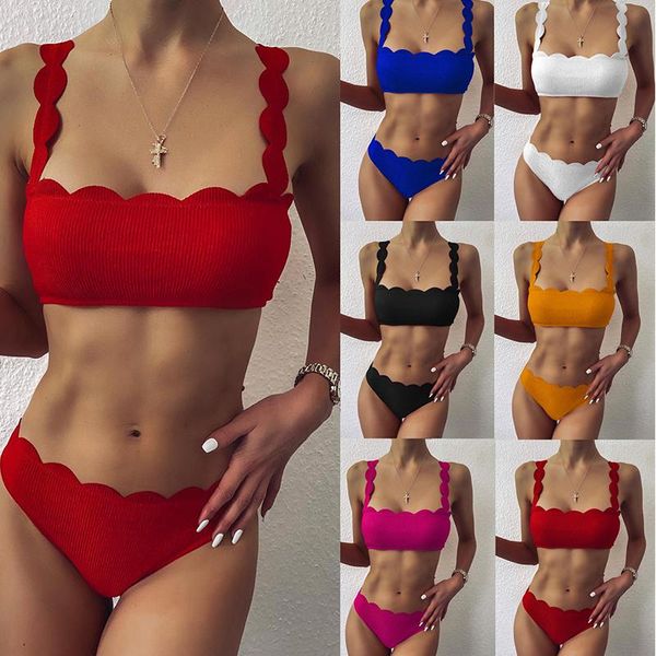 

women's swimwear push up bikinis 2021 swimsuits scalloped edge women ribbed bathing suits solid bandeau biquini beach bikini set, White;black