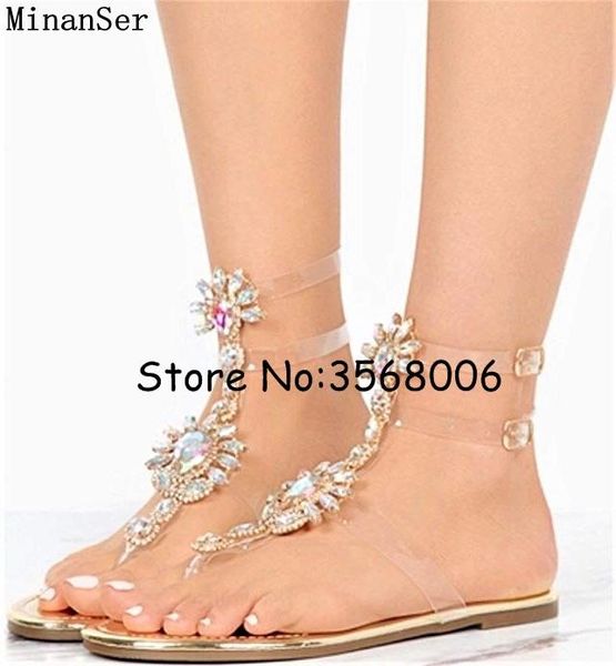 

clear transparent ankle wrap flats sandals crystal t-strap rhinestone summer beach casual shoes clip-toe gladiator size 43, Black