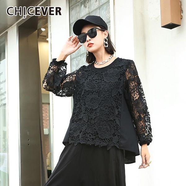 

women's t-shirt chicever black lace patchwork t shirt for women o neck lantern long sleeve hollow out designer solid shirts female fash, White