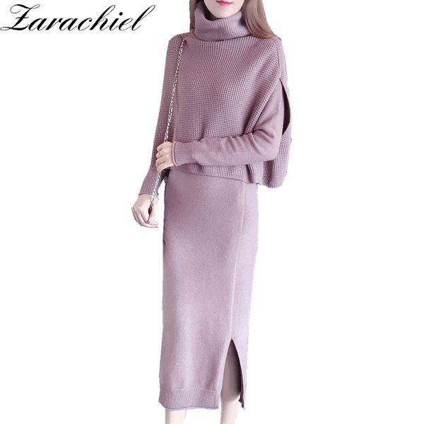 

casual dresses 2021 winter two pieces women sweater elegant turtleneck cape long cloak sleeve thicken warm split bodycon knitting dress, Black;gray