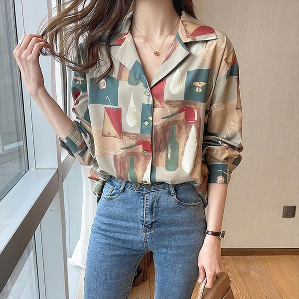 

spring summer printing chic women shirt long sleeve blusas mujer, White
