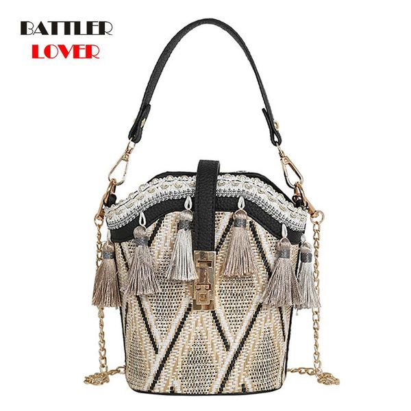 

straw rattan handbag for women summer cotton rope hollow tassel knitting flaps chic lady messenger tote bags bolsas cross body