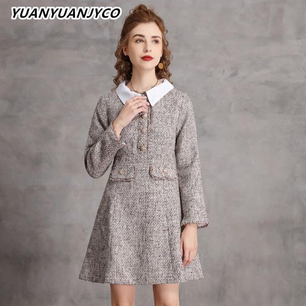 

casual dresses yuanyuanjyco winter women mini tweed lyq56 elegant pretty buttons plaid a-line long sleeve short clothes, Black;gray