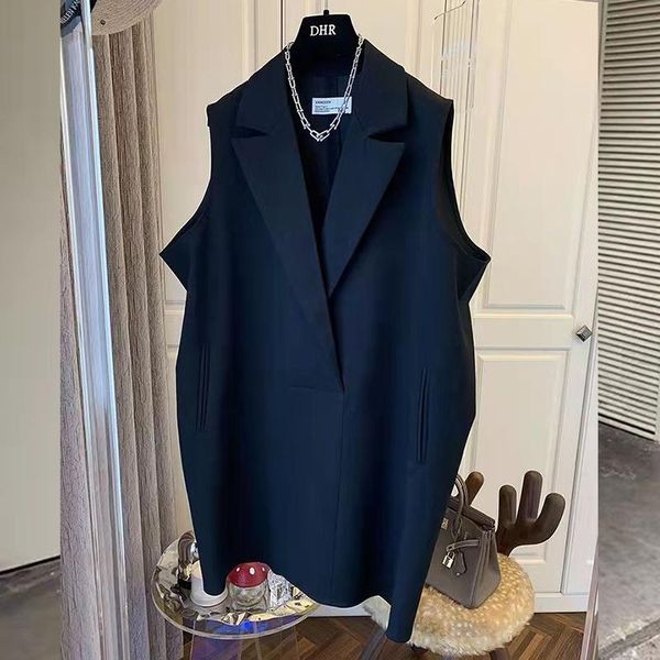 

women's vests france style women simply long vest sleeveless jacket office ladies dresses casual suit coat pockets outwear, Black;white