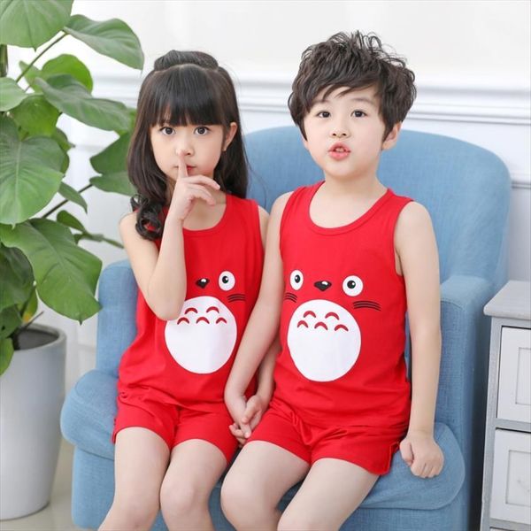 

children summer clothing set for boys girls vest short pants shorts cartoon totoro prints cotton kids vests t shirt, White