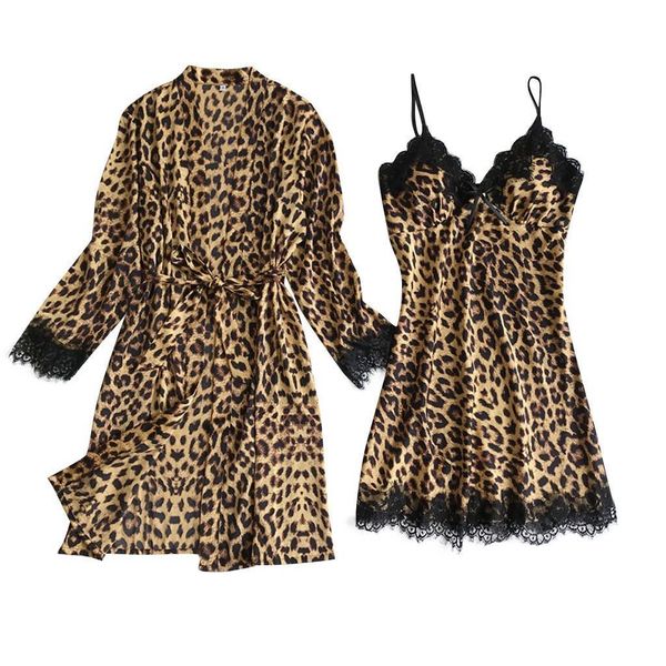 

womens sleepwears leopard pajama set satin silk cardigan nightdress bath robes underwear sleepwear lenceria mujer night wear, Black;red