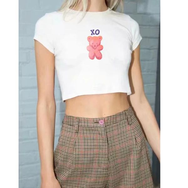 

women's t-shirt streetwear bear print cropped women crop harajuku vintage summer casual slim tshirt short sleeve, White