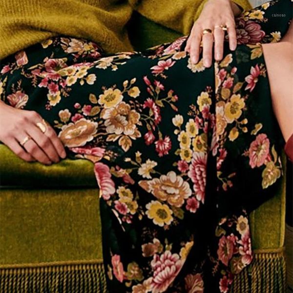 

skirts women split midi jupe floral printed high waist 2021 spring summer ladies, Black