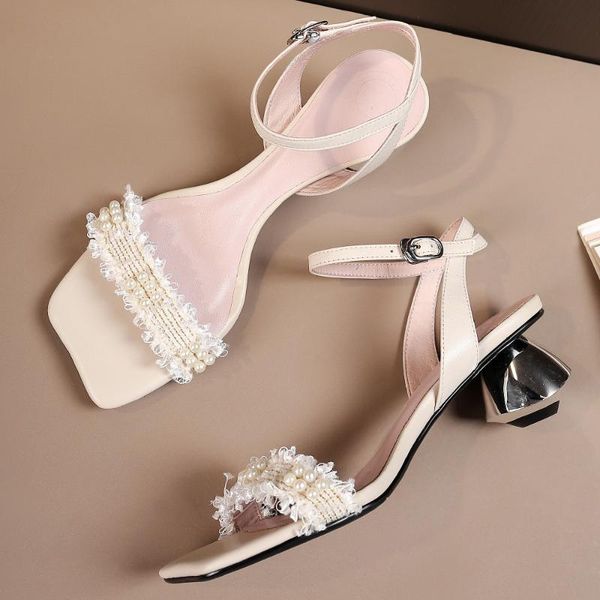 

sandals women's genuine leather fabric patchwork beading decoration ankle strap thick high heel elegant ladies low shoes, Black