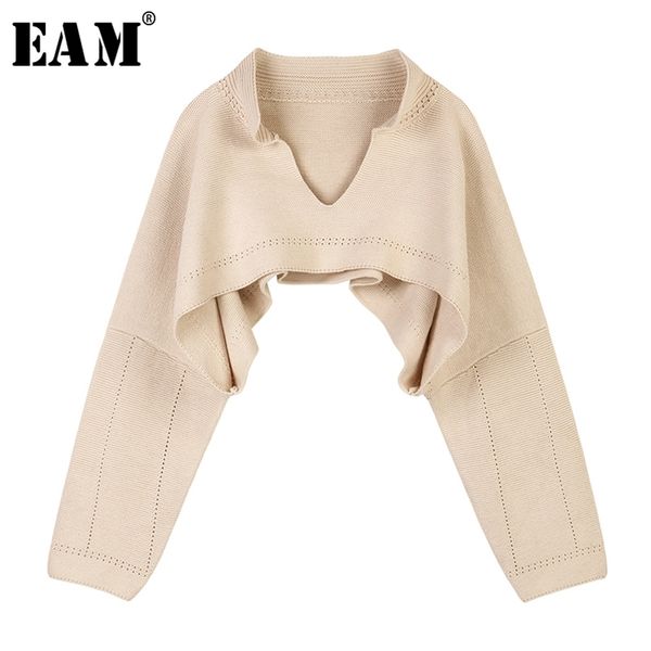 

[eam] apricot brief big size short knitting sweater loose fit v-neck long sleeve women pullovers fashion spring 1s363 210805, White;black