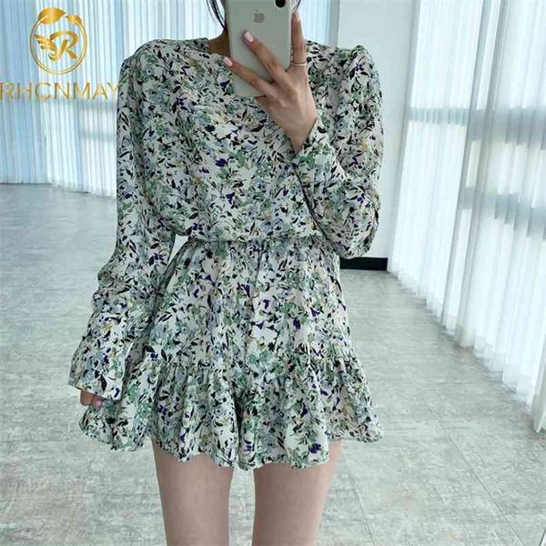 

arrivals chic floral print dress sweet girl fashion o-neck long sleeve fresh high waist comfort ftted summer 210506, Black;gray