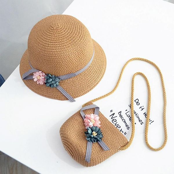 

wide brim hats sun girl and kids wholesale beach bag straw hat set, Blue;gray