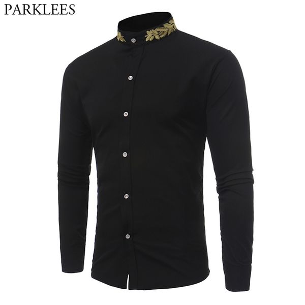 

stand collar men shirt brand gold embroidery men shirt long sleeve slim fit cotton male shirts casual mens dress shirts 210714, White;black