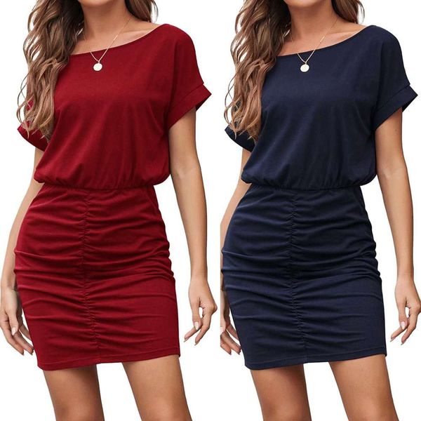 

women's fashion casual solid round neck short sleeve pleated dress, Black;gray