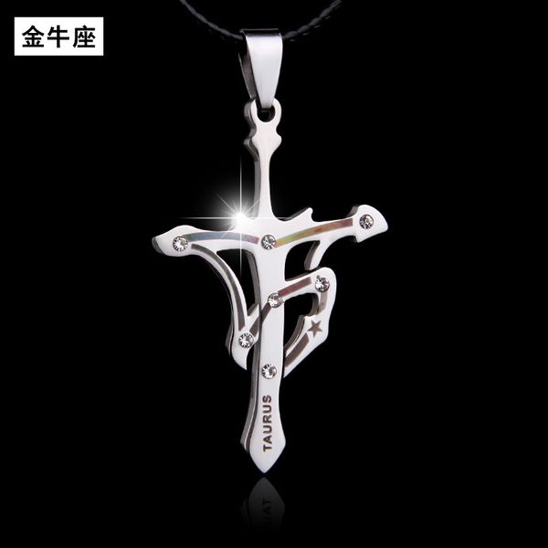 

12 constellations 316l titanium steel cross letter necklace classic men's taurus stainless pendant, Silver