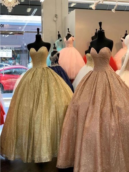 2021 Sexy funkelnde glitzernde Roségold-Pailletten Quinceanera-Ballkleid-Kleider, Spitze, herzförmig, ärmellos, bodenlang, süße 16-Pailletten-Party-Abschlussball-Abendkleider