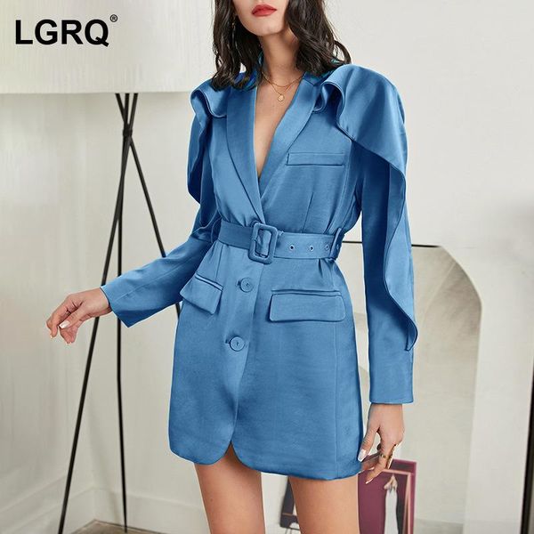 

women's jackets [lgrq] fit blue ruffles sashes slim jacket notched neck long sleeve women coat fashion tide autumn winter 2021 19d2689, Black;brown