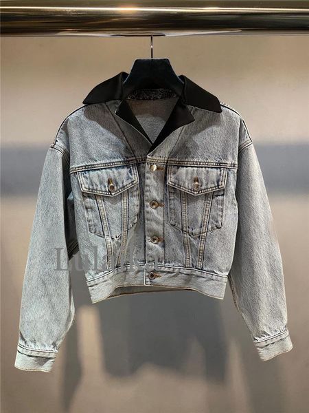 

women's jackets short denim jacket chic black lapel splicing runway women long sleeve cool suit collar button coat trendy 2021 design, Black;brown