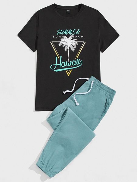 

men palm tree and letter graphic tee & drawstring waist sweatpants v5xd#, Gray