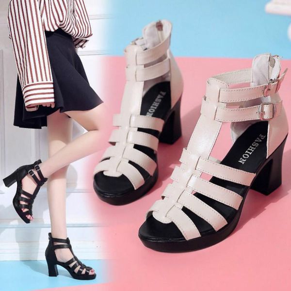 

the gladiator fashion women sandals 2021 party zip buckle cover heel thick leisure breathable 8cm high heels solid open, Black
