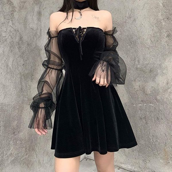 

casual dresses cozok gothic vintage lace up black dress goth aesthetic mesh long sleeve mini women harajuku high waist party, Black;gray