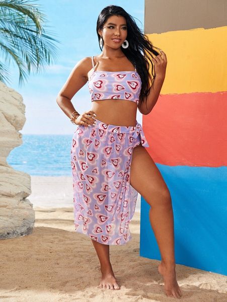 

3pack plus heart print bikini swimsuit & cover up 84do#, Black