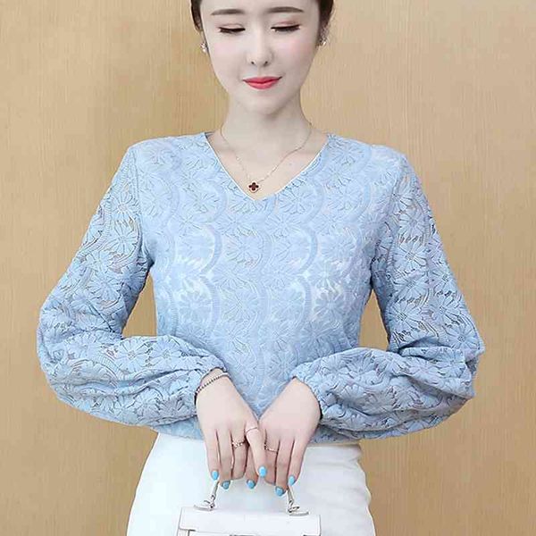 

see through women blouses shirt spring lace blouse shirts v collar loose long sleeved woman 207h7 210420, White