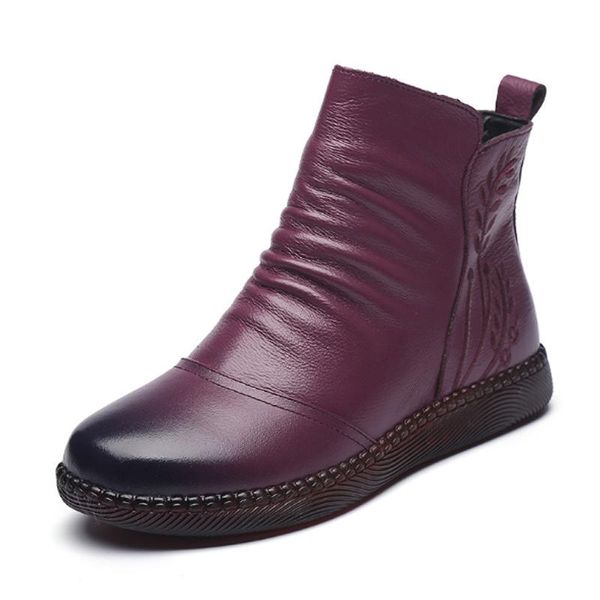 

boots winter vintage genuine leather short for women flat low heel waterproof round toe zip autumn ankle woman warm shoes, Black