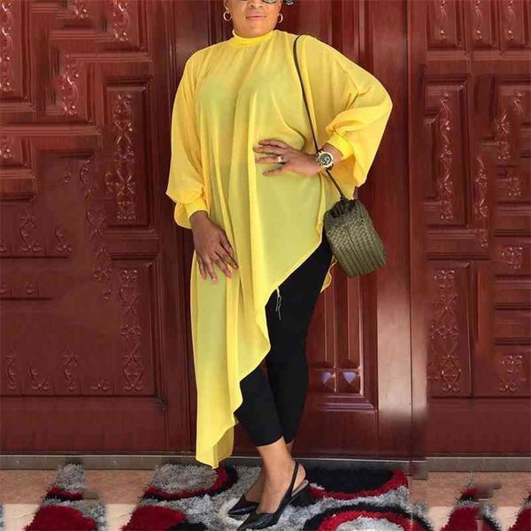 

4xl 5xl plus size african chiffon blouse yellow asymmetrical long thin elegant office ladies work summer shirts 210510, White