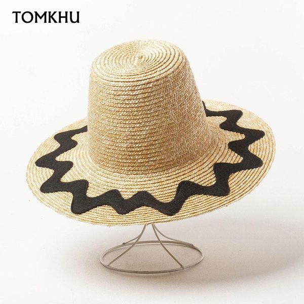 

wide brim hats european american summer retro custom high flat straw hat shape patch fedora for women anti-uv quality, Blue;gray