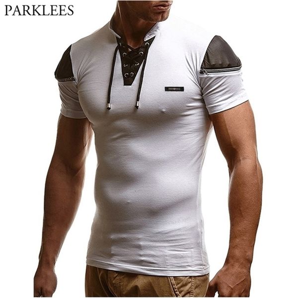 Erkek Seksi Bandage Oymak Beyaz V Boyun T Gömlek Erkek Patchwork Deri T-shirt Erkekler Hip Hop Streetwear Fermuar Camisetas Hombre 210716