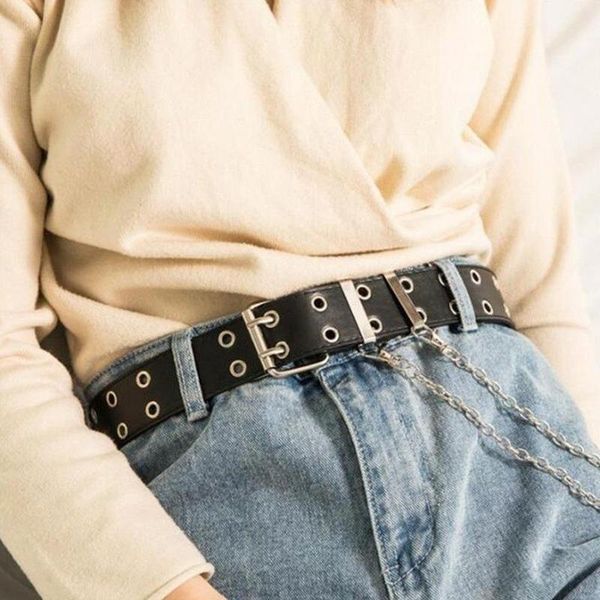 

belts women belt leather pin buckle punk fashion casual alloy chain waist waistband, Black;brown