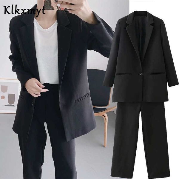 

klkxmyt 2 pieces sets women england office wear lady casual blazer jackets single button suits pants trousers 210527, White;black